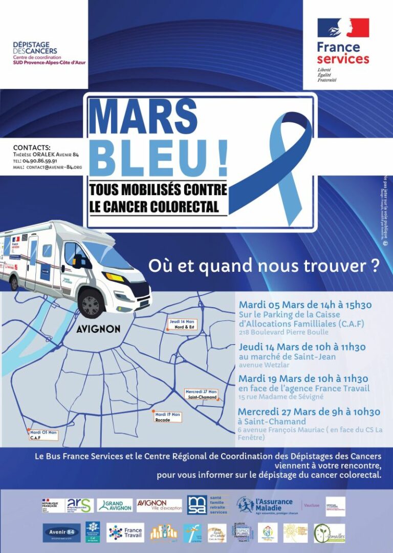 Dates et lieux de rencontre avec le bus France Services et le CRCDC Sud PACA pour échanger sur le dépistage organisé du cancer colorectal